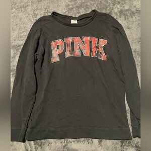 PINK by Victoria Secret long sleeve black shirt red plaid design & rhinestones